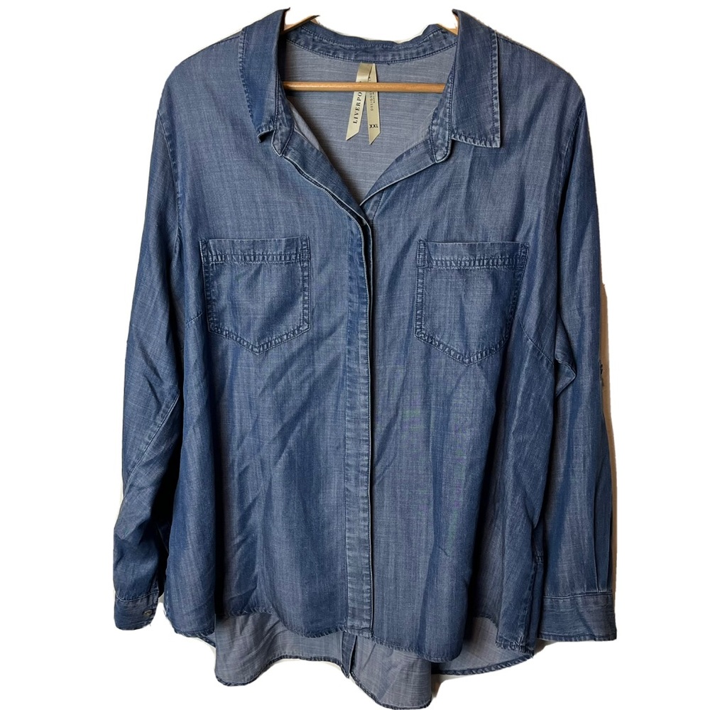 Liverpool Chambray Button Front Top 100% Lyocell Plus Size XXL Blue Long Sleeve